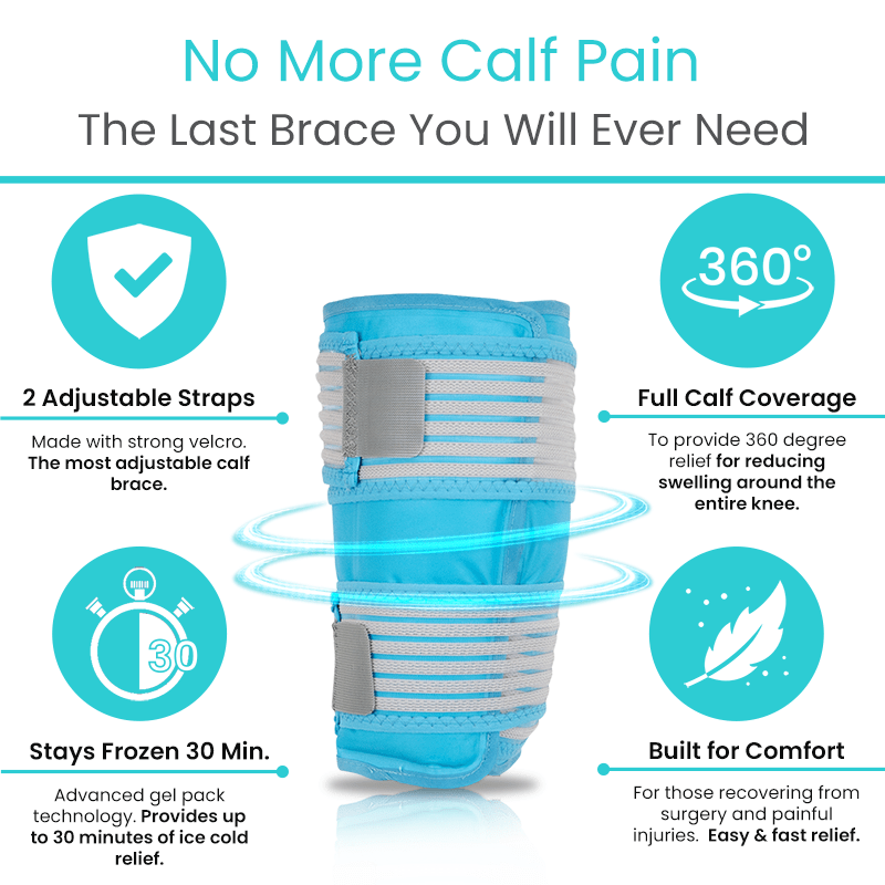 Calf pain brace with features highlighted on a white background