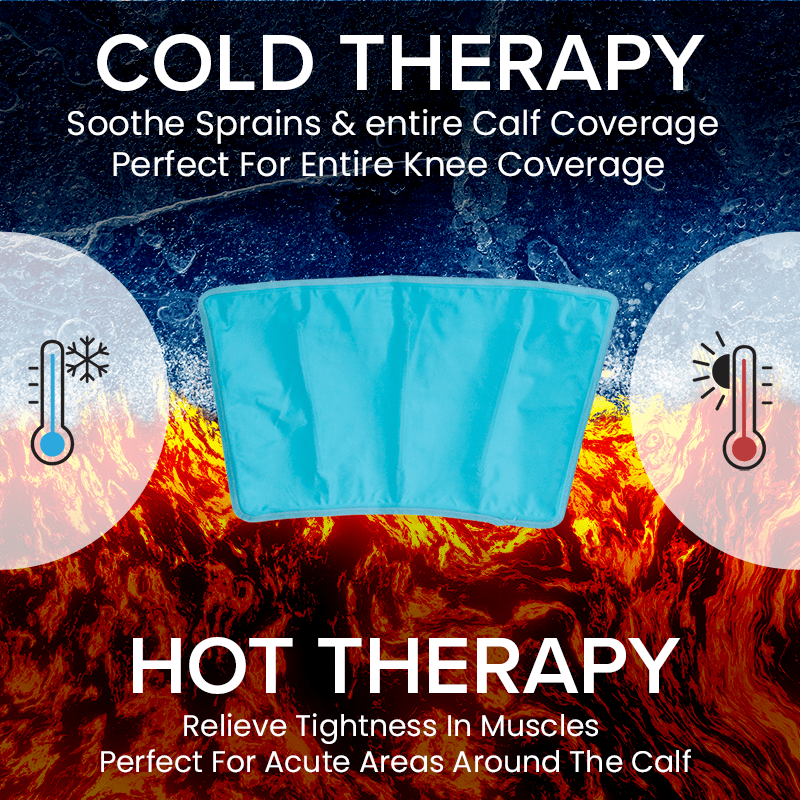 Cold and hot therapy product with temperature icons and text on a fiery background