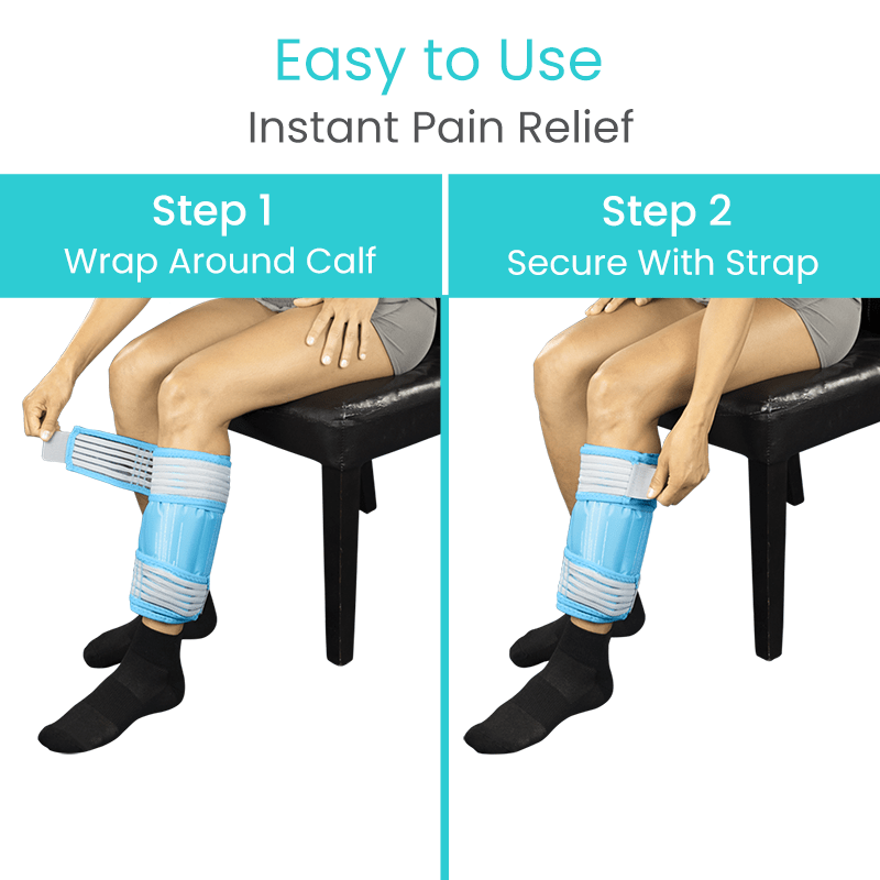 Instructions for using a calf compression wrap with text 'Easy to Use Instant Pain Relief' on a white background.