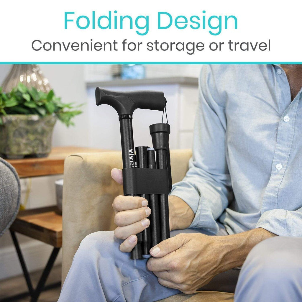 Person holding a folding cane with text 'Folding Design, Convenient for storage or travel' above.