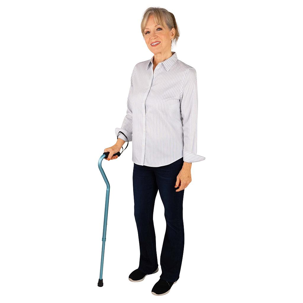 Woman holding a blue cane on a white background