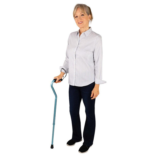 Woman holding a blue cane on a white background