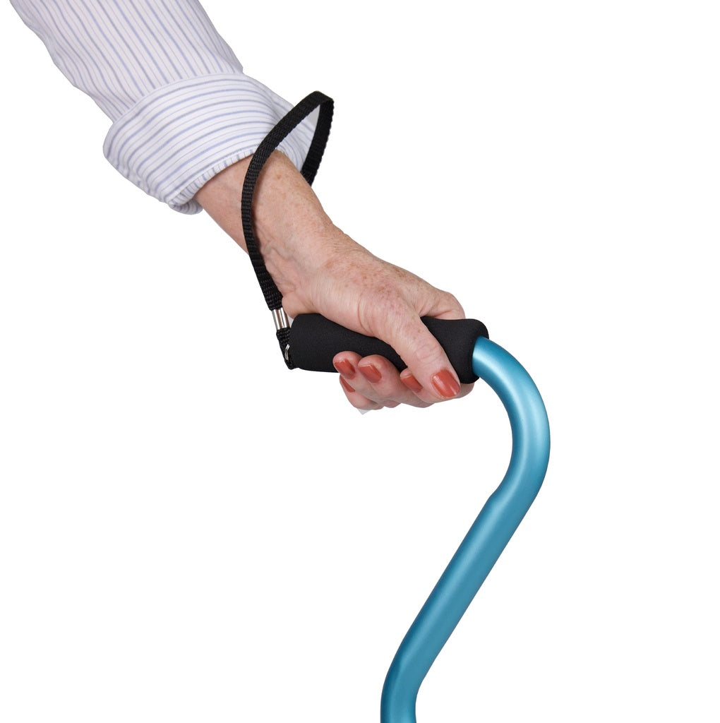 Hand holding a blue walking cane with a black handle against a white background