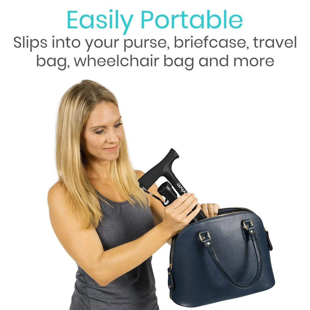 Woman holding a blue bag with text about its portability