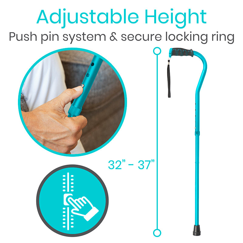 Blue adjustable height walking cane with push pin system and secure locking ring, shown with a hand holding it.