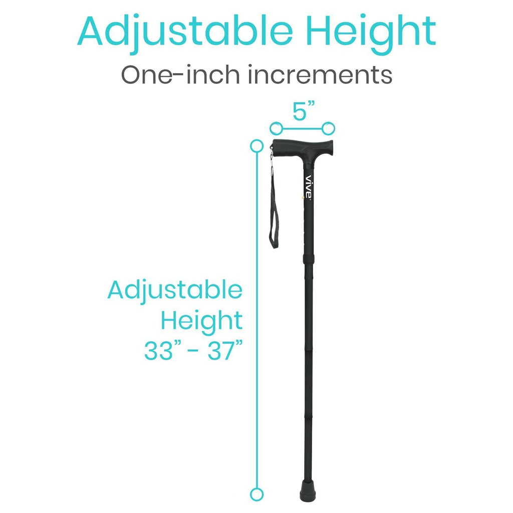 Adjustable height walking cane with measurement details on a white background