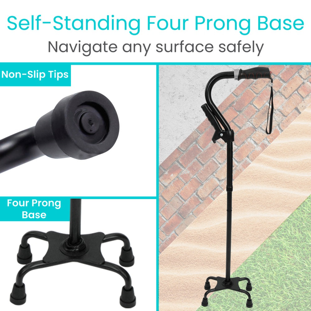 Black walking cane with four prong base and non-slip tips on a textured surface background.