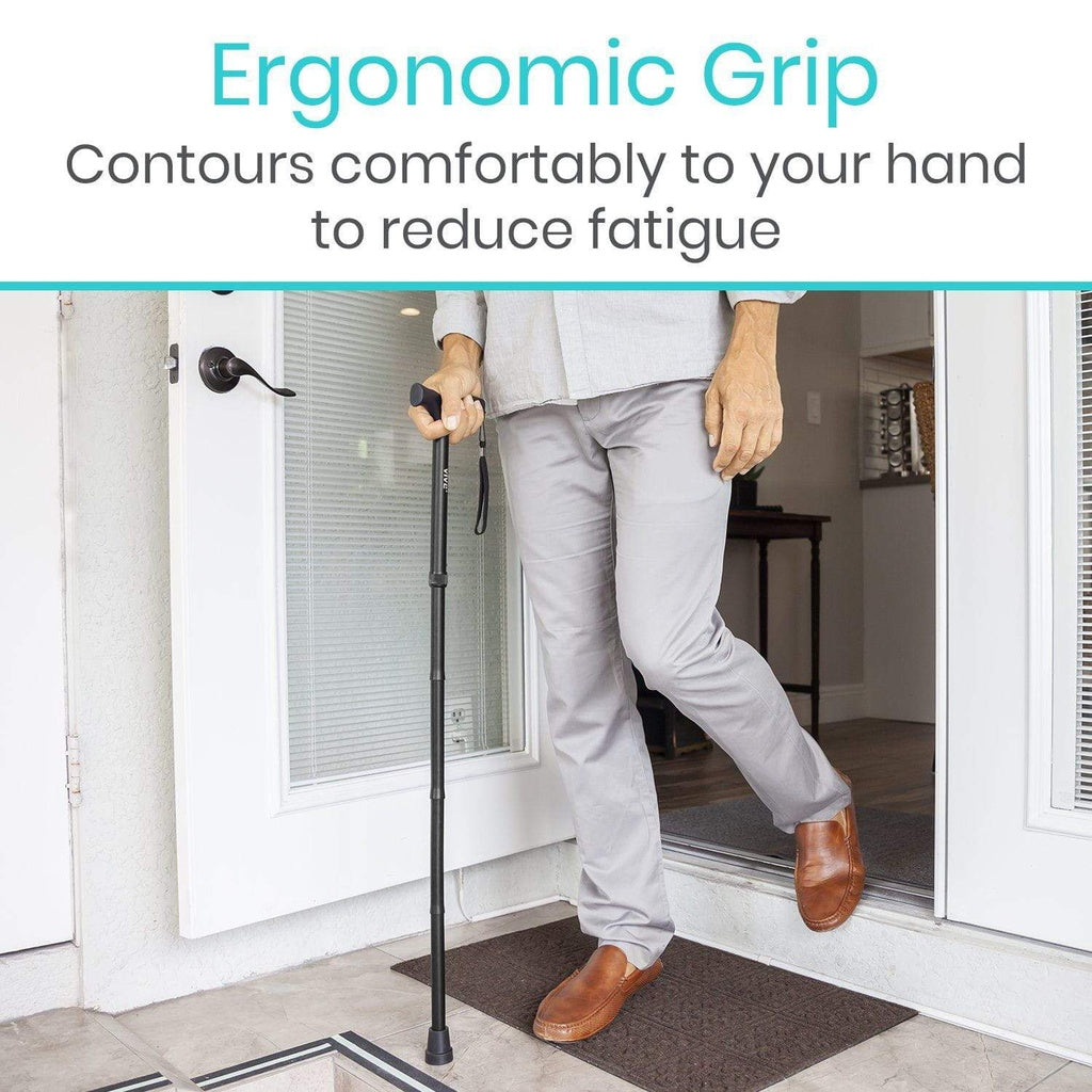 Person using an ergonomic walking cane with text about reducing fatigue.