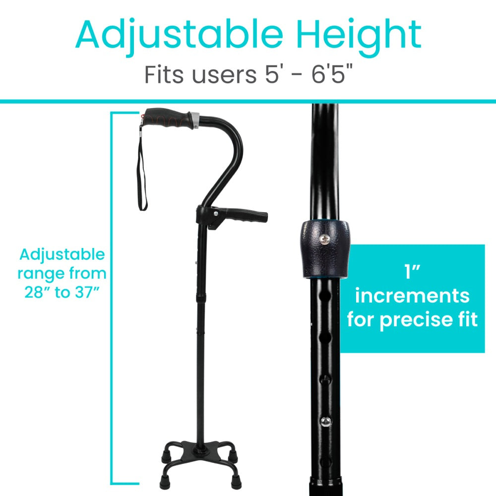 Adjustable height walking cane with specifications on a white background