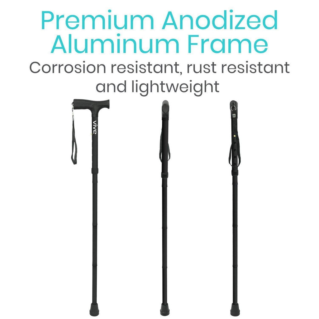 Three adjustable walking sticks with a white background and text highlighting their features.