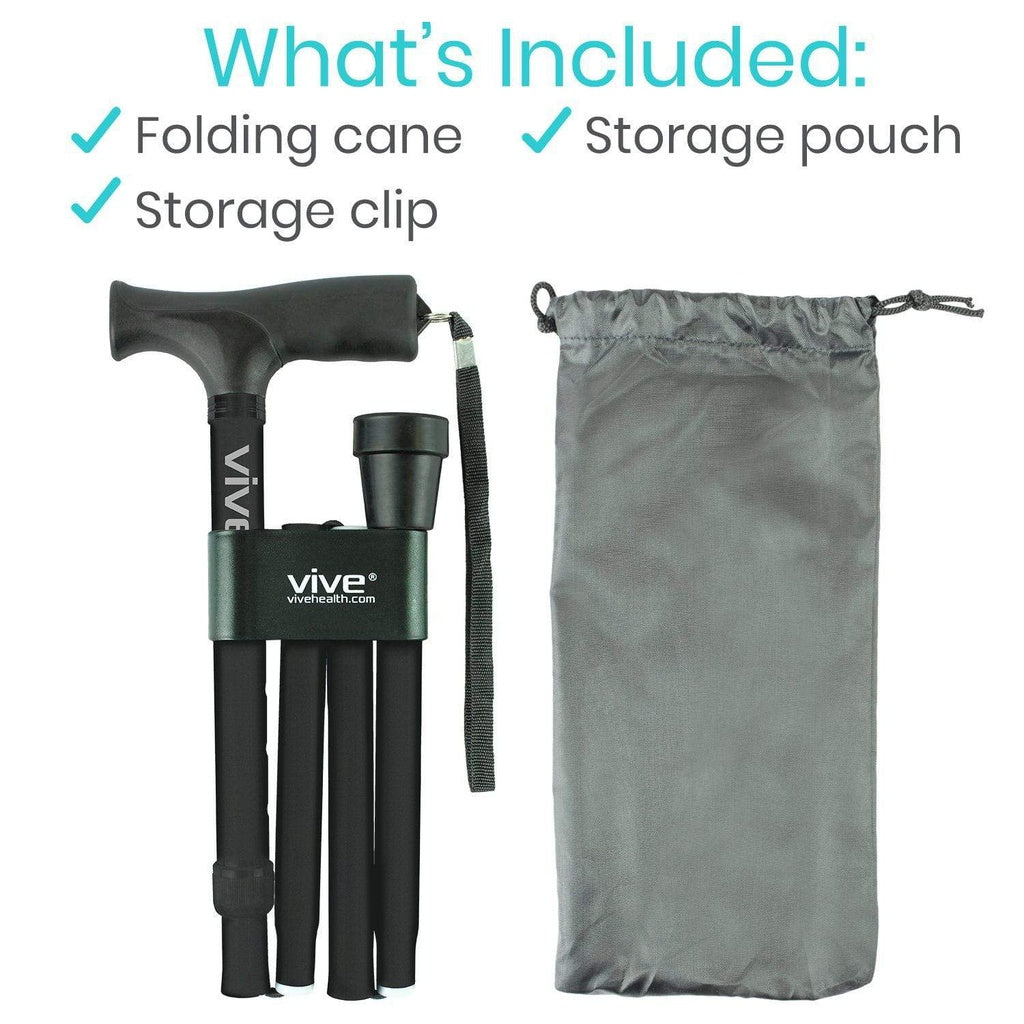 Folding cane with storage pouch and clip on a white background