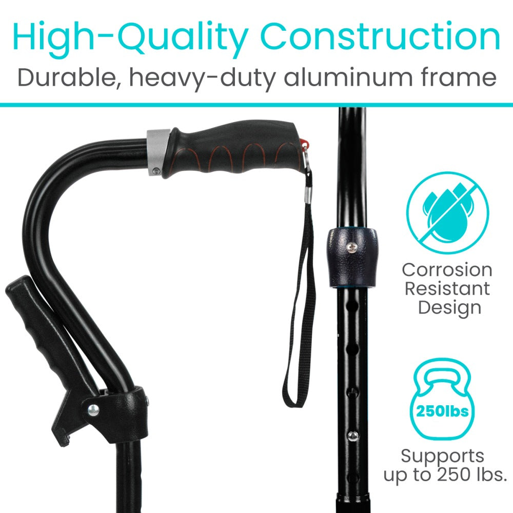 Black adjustable walking stick with text highlighting high-quality construction and durability.