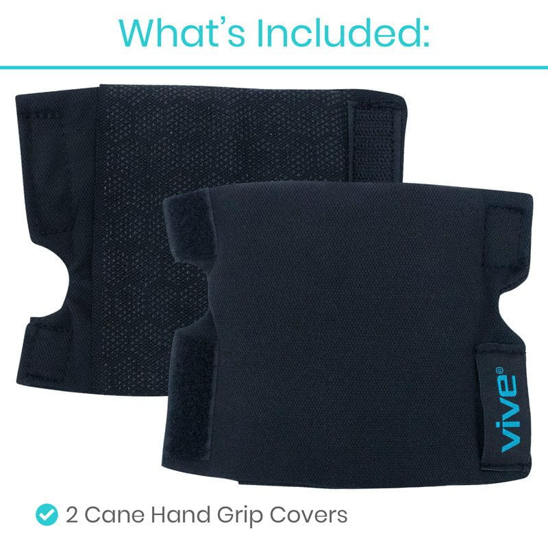 Two black cane hand grip covers with 'Vive' branding on a white background.