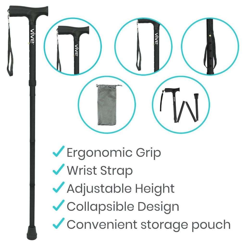 Black walking cane with features listed on a white background
