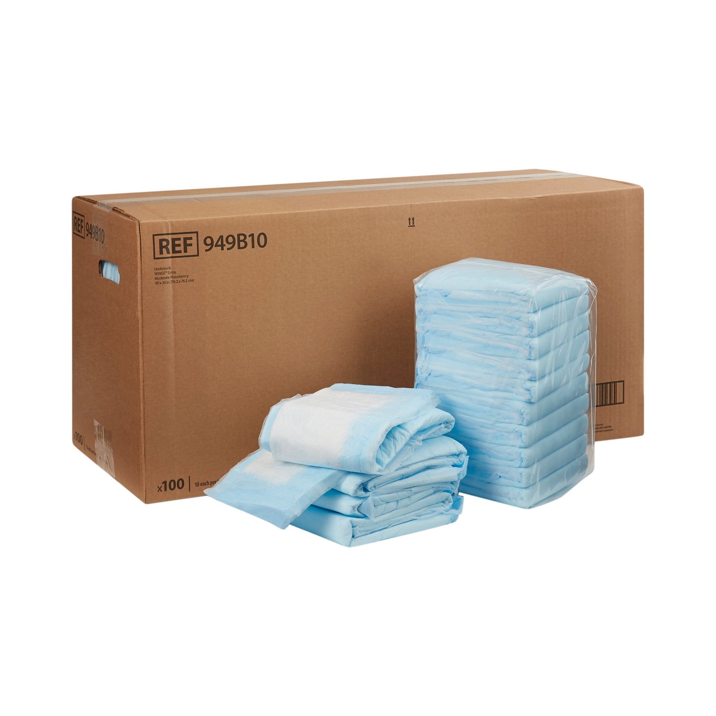 Cardboard box with blue disposable items on a white background