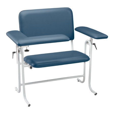 Blue blood donation chair with armrests on a white background