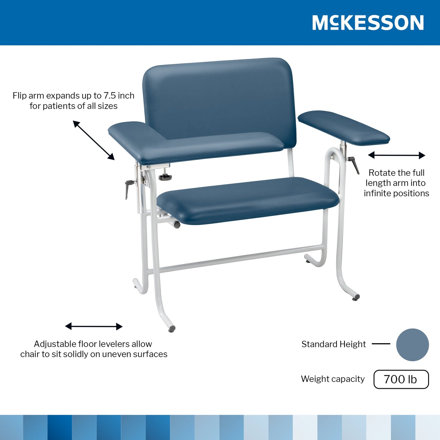 Blue patient chair with white frame and arm extensions, featuring McKesson branding.