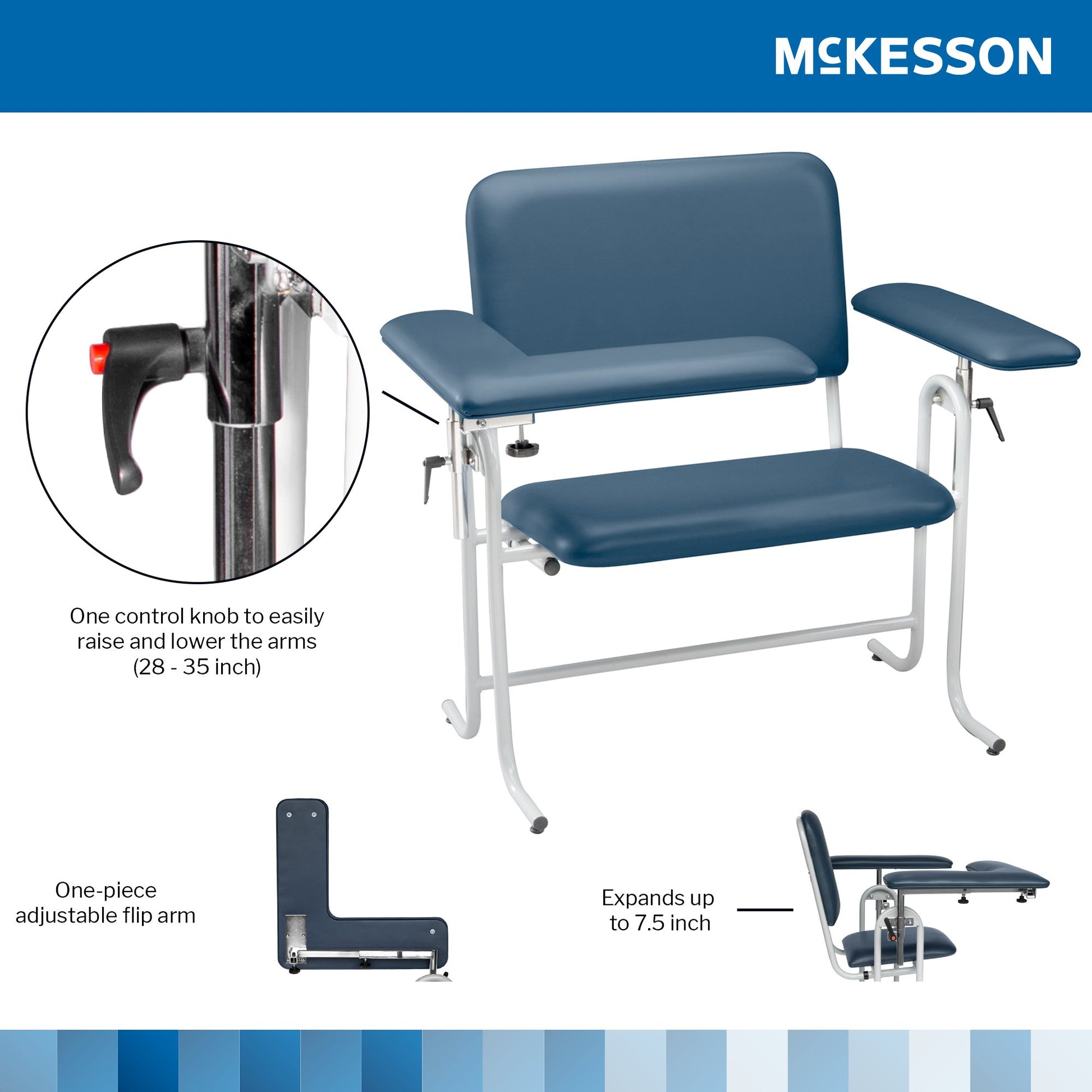 Blue blood donation chair with features highlighted on a McKesson branded background