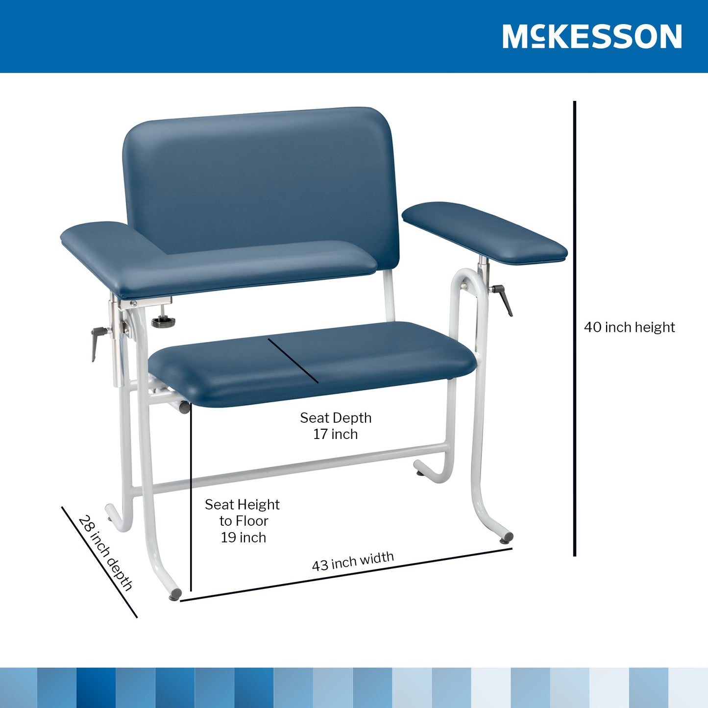 Blue McKesson blood donation chair with measurements on a white background