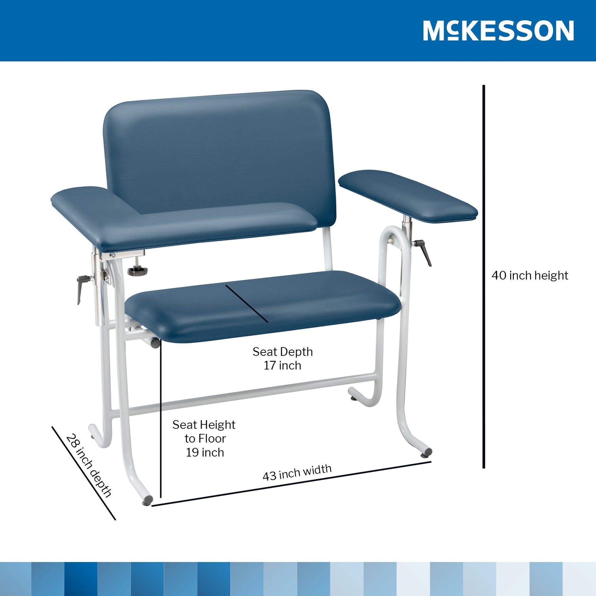 Blue McKesson blood donation chair with measurements on a white background