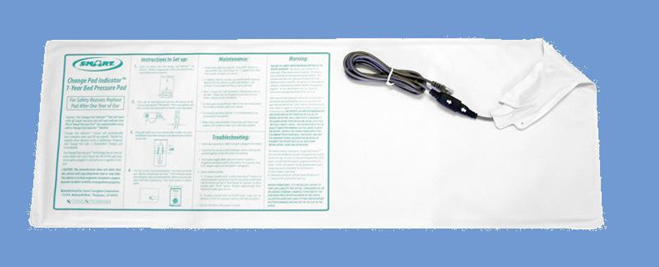 White pouch with text and a cable on a blue background