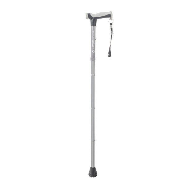 Silver walking cane with a black handle on a white background