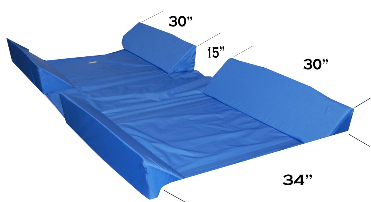 Blue inflatable mattress with dimensions labeled on a white background