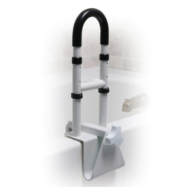 Bath safety rail with black handle and white base against a tiled bathroom wall.