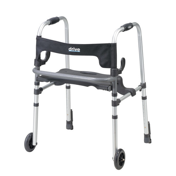Walker with wheels and seat on a white background, featuring the brand 'Drive'.