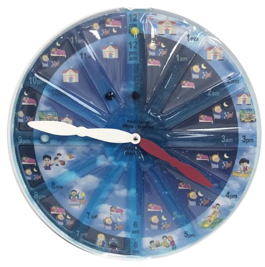 Children's educational clock with time and day indicators on a blue background