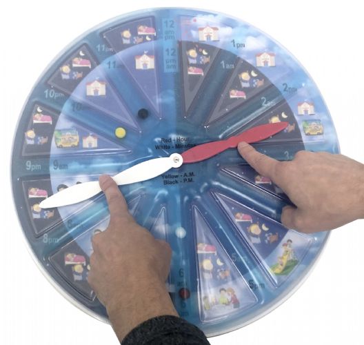 Wheel with time markers and hands, used for educational purposes.