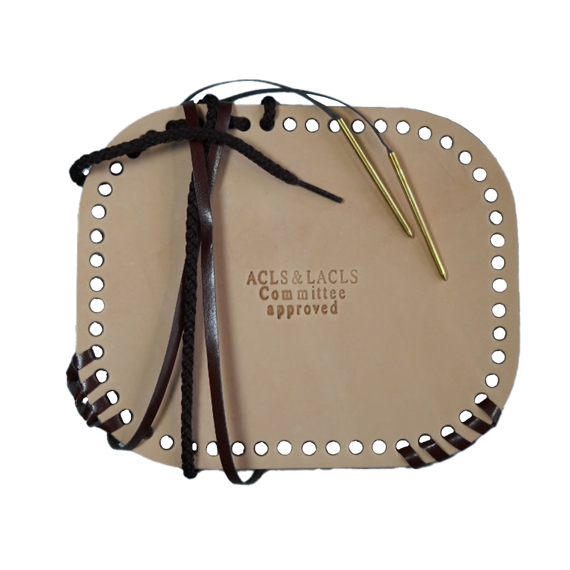 Beige leather case with holes, black and brown strings, and gold pen on a white background