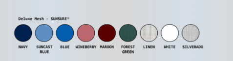 Color swatch chart for Deluxe Mesh with Sunsure brand, showing various color options.