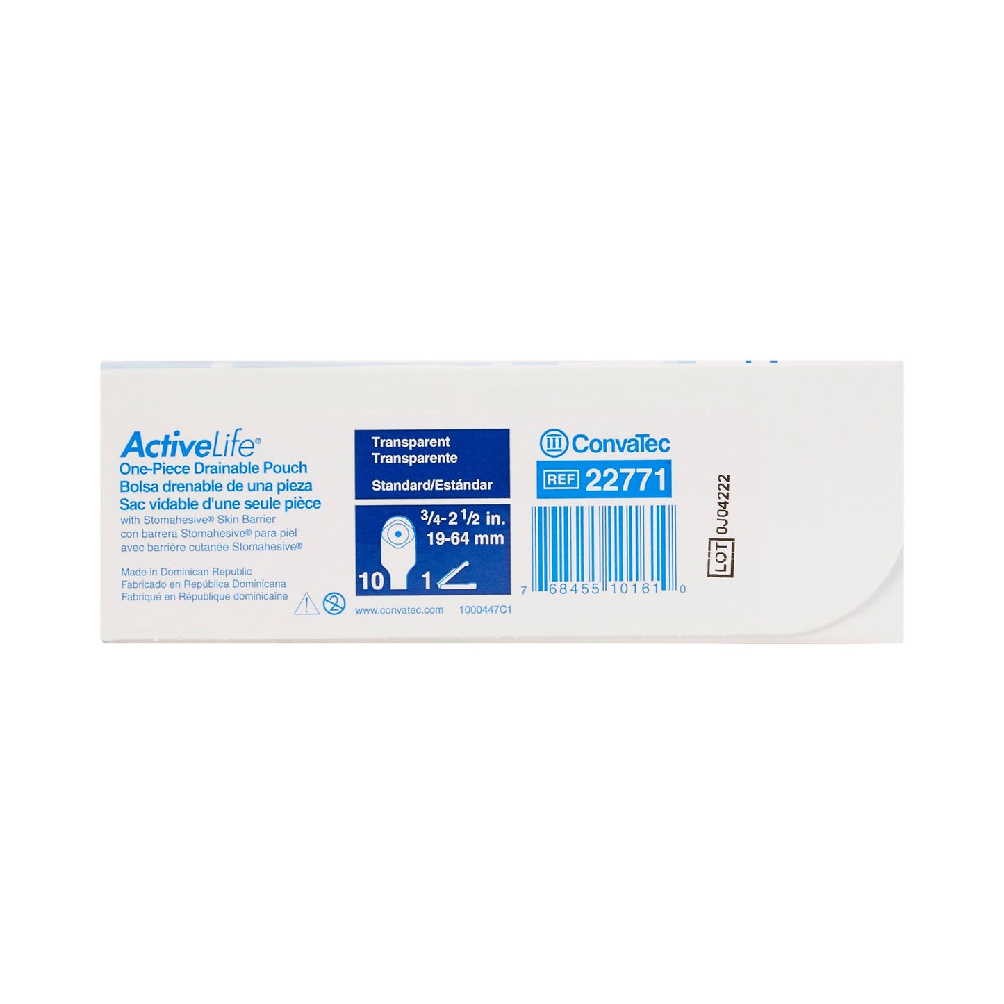 Pack of Active Life one-piece drainable pouches with Convatec branding on a white background