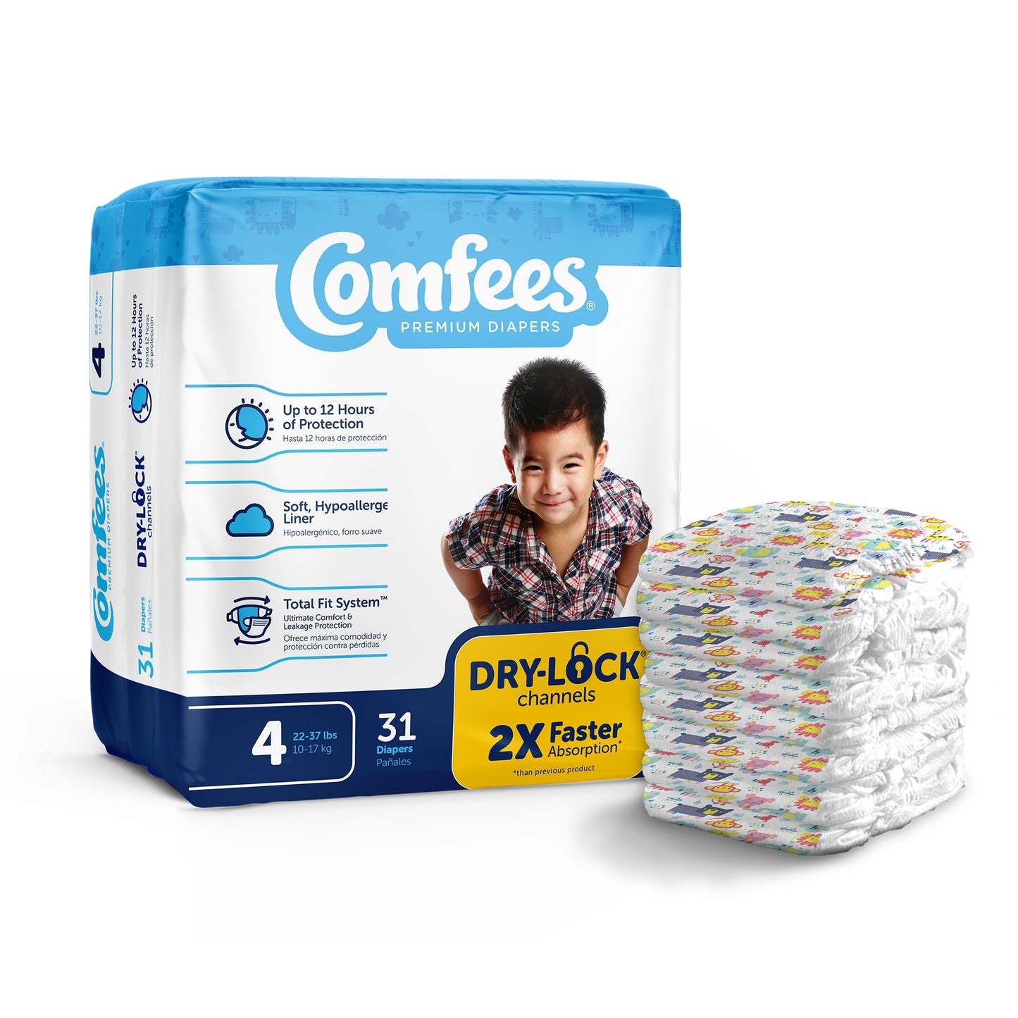Comfees premium diapers packaging with a child's picture on a white background
