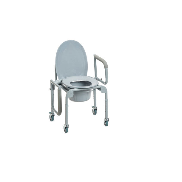 Gray commode chair with wheels on a white background