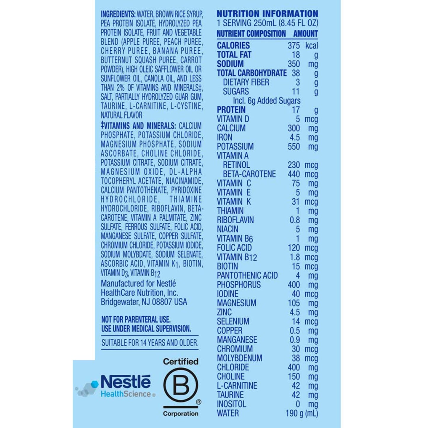Nutrition label with detailed information on a white background