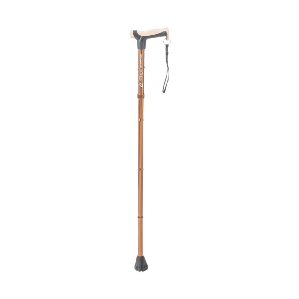 Brown walking cane with black foot pad on a white background
