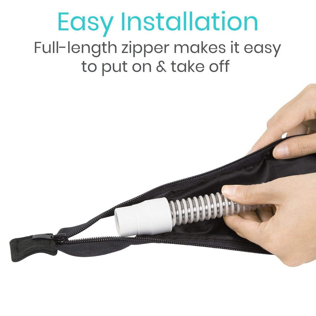 Hand zipping a black bag with a white and silver cylindrical object inside, on a white background with text about easy installation.