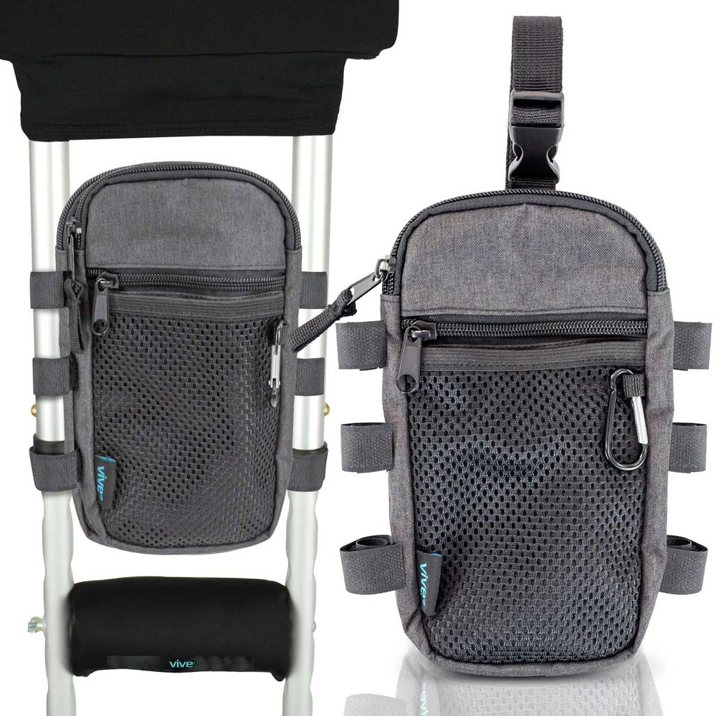 Gray crutch bag attached to a walker on a white background