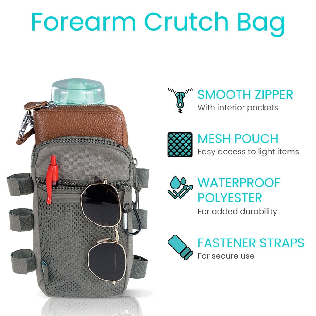 Forearm crutch bag with features listed on a white background
