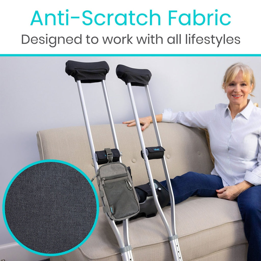 Woman using crutches with anti-scratch fabric on a couch, close-up of fabric texture.