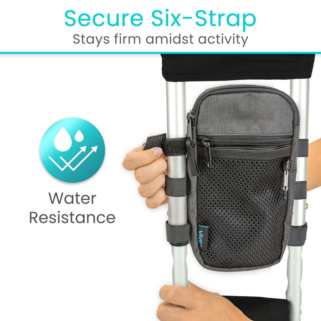 Gray crutch accessory with six straps on a white background