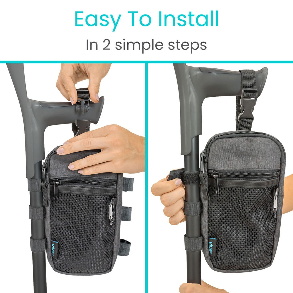 Instructions on how to install a crutch with a carrying case, showing two steps.
