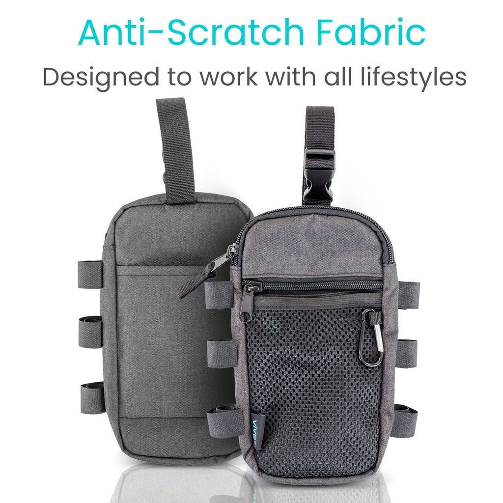 Gray anti-scratch fabric bag with multiple pockets on a white background