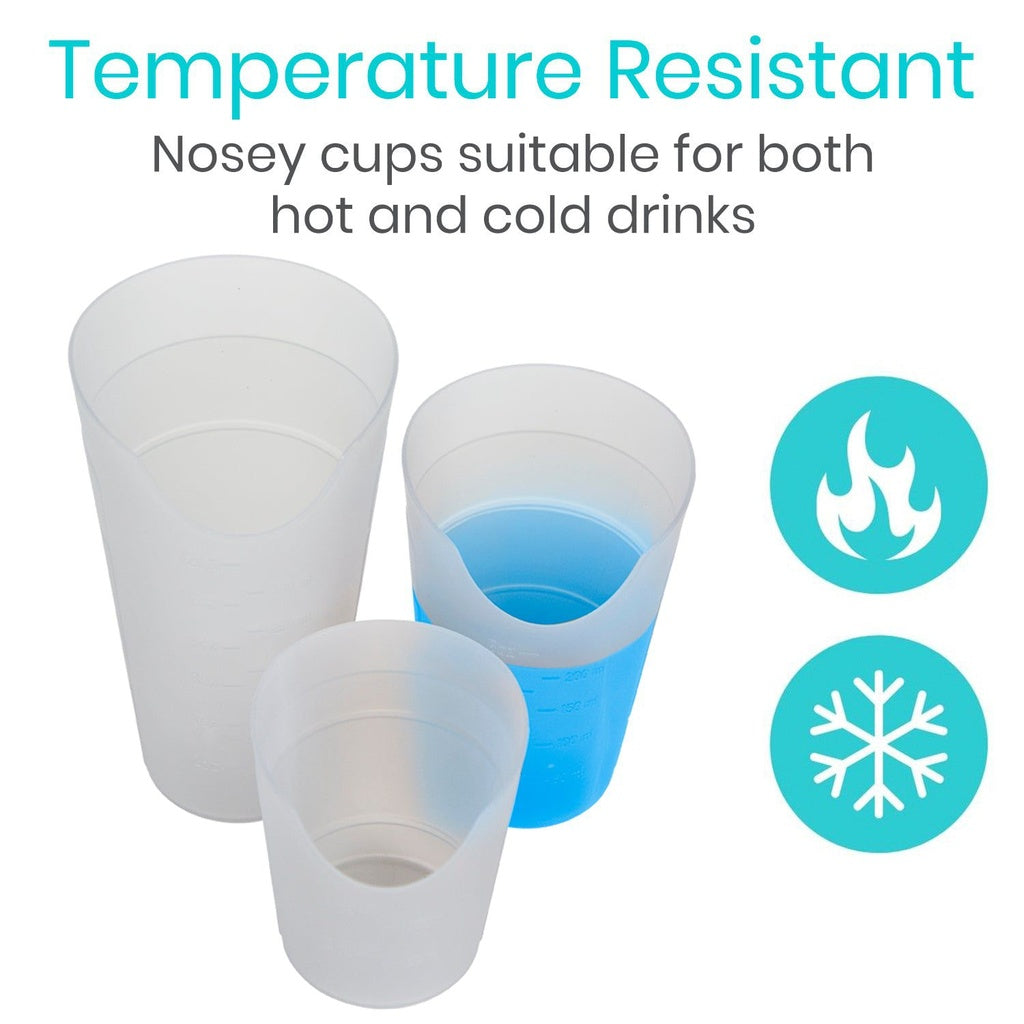 Silicone nosey cups with text indicating temperature resistance on a white background