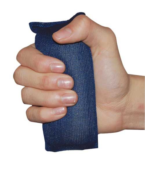 Hand holding a blue wrist support on a white background