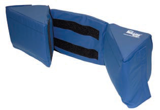 Blue foam roller with black straps on a white background