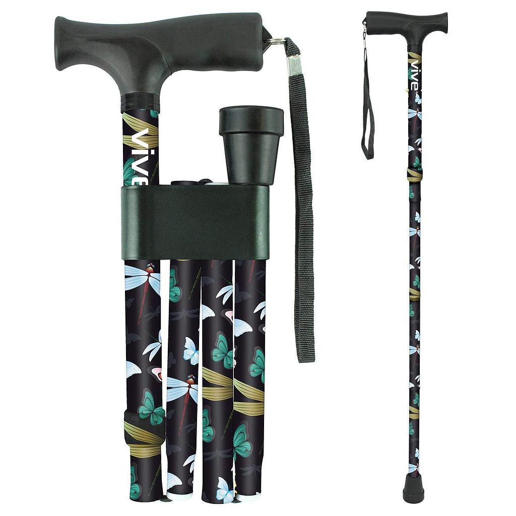 Collapsible walking cane with butterfly design on a white background
