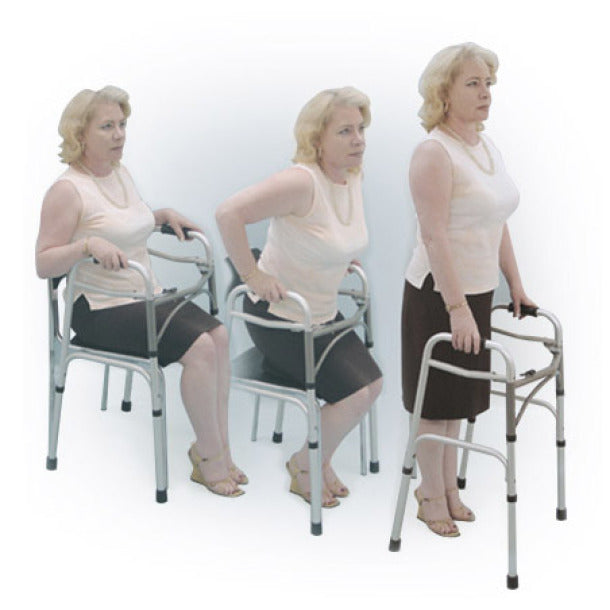 Woman using a walker in three different positions on a white background